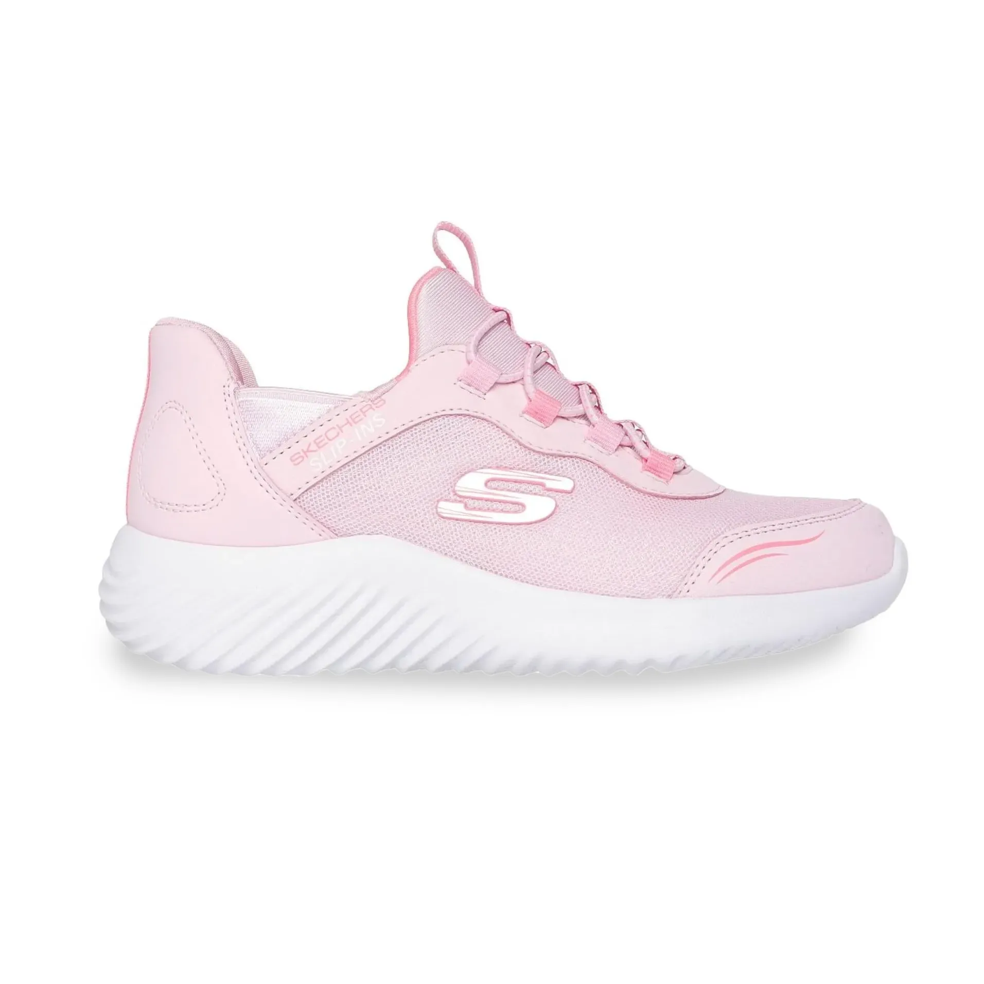 Tênis infantil feminino Skechers rosa claro com cadarço elástico e solado branco